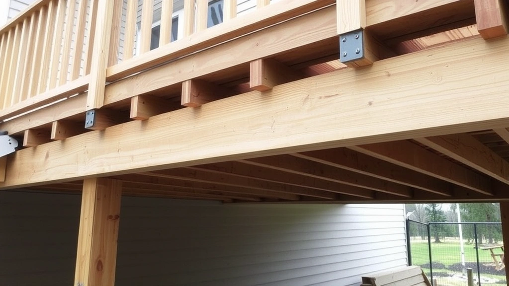 Completed deck frame with pressure-treated joists properly spaced and secured with joist hangers, showing ledger board connection to house with metal flashing installed