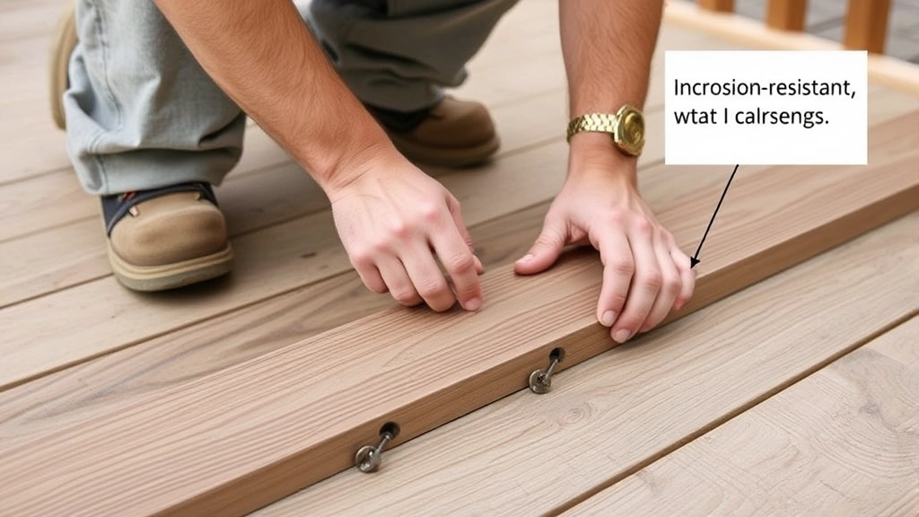 Worker installing composite decking boards with consistent spacing between boards, using corrosion-resistant fasteners, showing proper screw placement near board edges