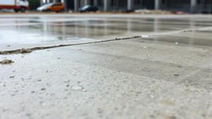 Close-up of wet concrete surface showing smooth finishing with water droplets, construction site background, natural daylight, photorealistic