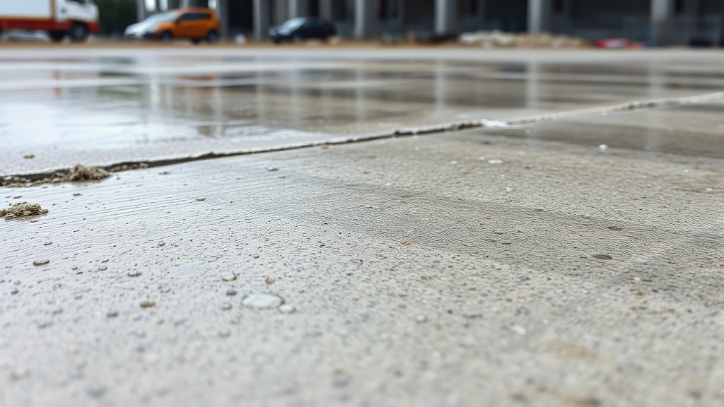 Close-up of wet concrete surface showing smooth finishing with water droplets, construction site background, natural daylight, photorealistic