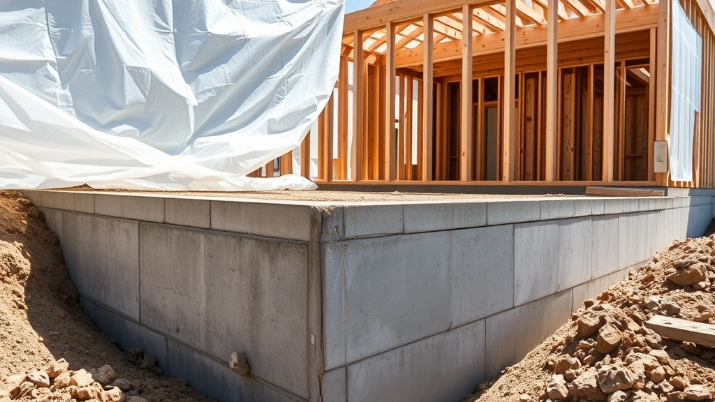Concrete foundation curing under protective white plastic sheeting in residential construction site, wooden forms visible, sunny conditions, professional photography