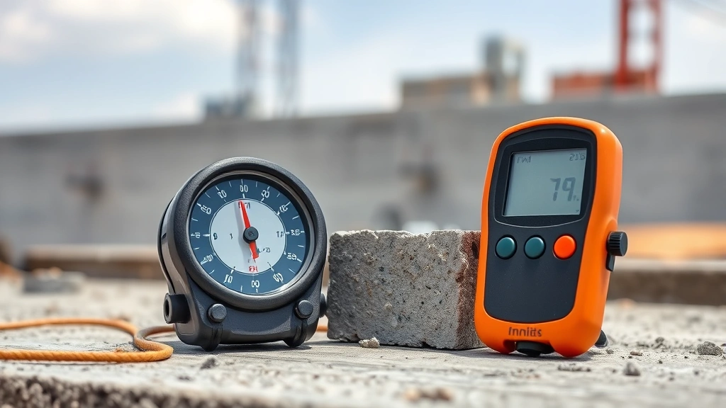 Temperature gauge and humidity meter next to curing concrete sample on construction site, showing measurement tools for monitoring conditions, natural lighting