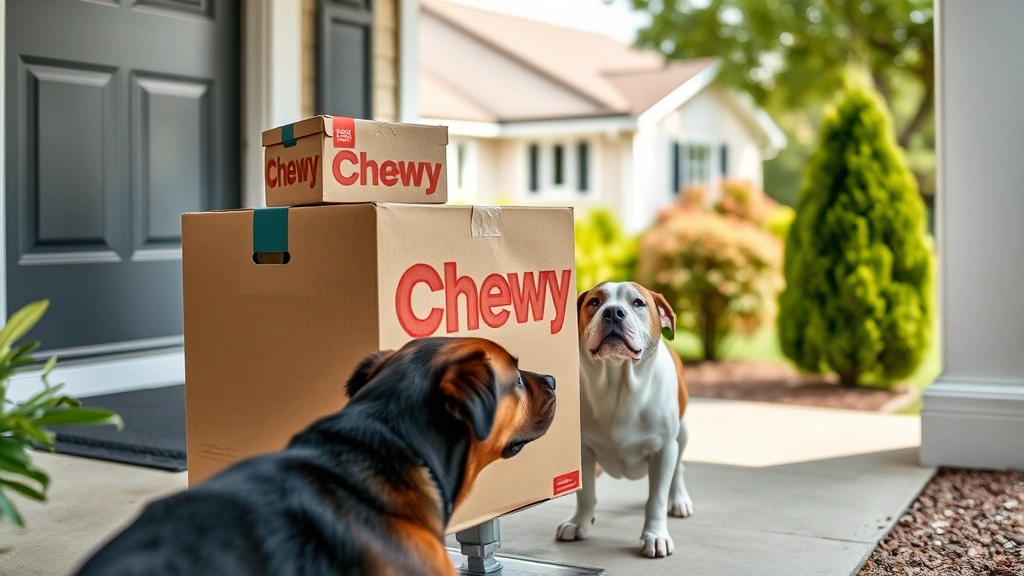Professional photograph of a Chewy delivery box being placed on a residential front porch with a pet dog greeting the package, showing residential neighborhood setting with clear daylight, realistic packaging materials and professional delivery presentation