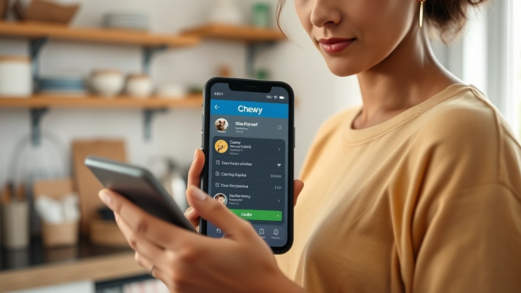 Close-up realistic image of a person checking a Chewy order on a smartphone while standing in a modern kitchen with pet supplies visible on shelves in background, showing tracking information on screen with natural lighting