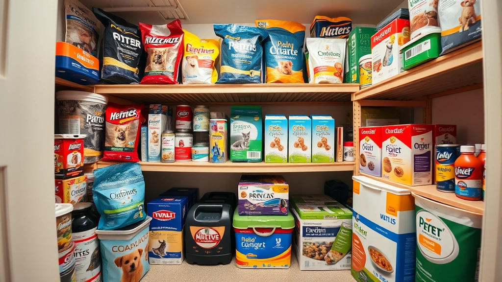 Wide-angle shot of a home storage area or pantry shelving unit stocked with various pet supplies including dog food bags, cat litter boxes, and pet care products in organized arrangement, demonstrating bulk storage and inventory management