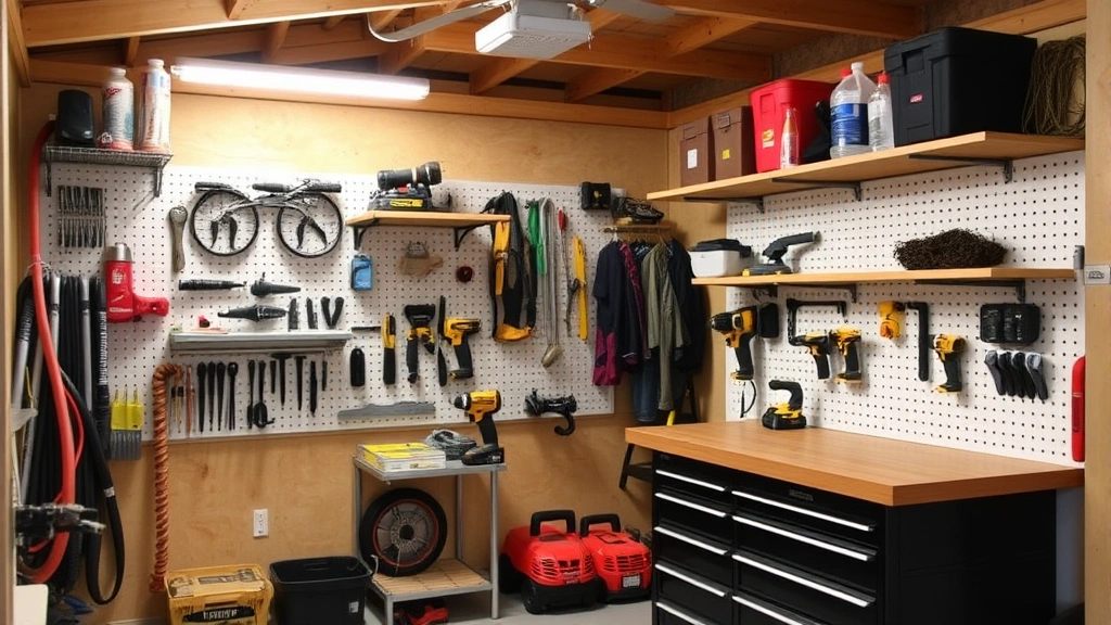 Interior organized shed storage showing wall-mounted shelving units, pegboard tool organization, workbench with drawers, LED lighting fixture, neatly arranged power tools and seasonal items