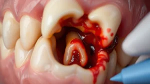 Close-up of dental extraction site with visible bone after blood clot loss, showing exposed socket anatomy in clinical setting with soft lighting, realistic dental photography