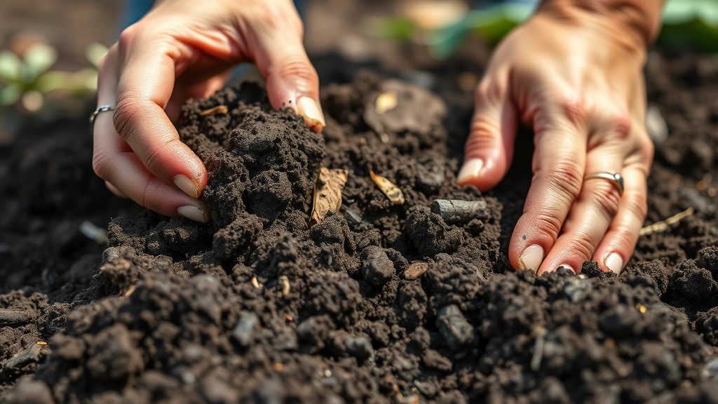 Close-up of hands preparing garden soil with compost, showing rich dark earth texture and organic material being worked into ground, natural daylight, construction/gardening focus
