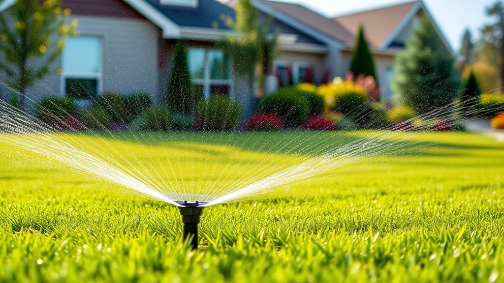 Professional lawn irrigation system spraying water across newly seeded grass area, fine mist visible, well-maintained residential landscape background, clear daytime lighting