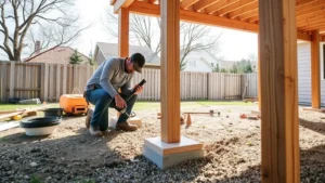 Professional construction worker installing pressure-treated wooden deck posts into concrete footings on a sunny residential backyard, showing proper post base installation and spacing