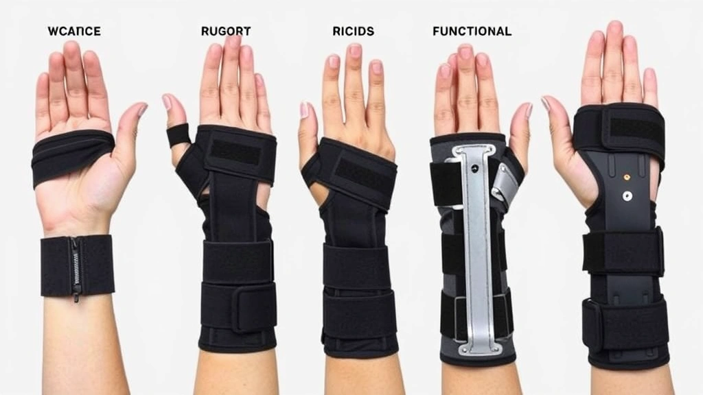 Close-up of various wrist bracing options displayed on neutral background, showing progression from elastic wraps to rigid supports and functional braces used during recovery phases
