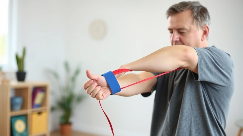 Person performing wrist strengthening exercises with resistance band, demonstrating proper form for rehabilitation exercises during recovery phase in home setting