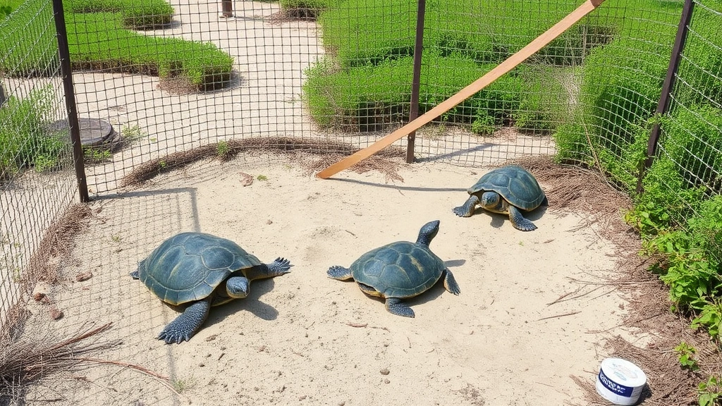 Outdoor turtle nesting area with sandy substrate and protective fencing, showing natural nesting habitat during breeding season with vegetation around perimeter