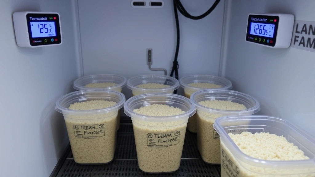 Professional incubation chamber setup with multiple plastic containers filled with substrate, digital thermostats and humidity monitors displaying optimal conditions