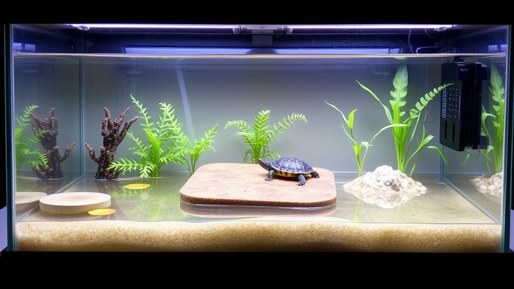 Hatchling turtle enclosure with shallow water, floating basking platform, aquatic plants, and UVB lighting system mounted above clear glass tank