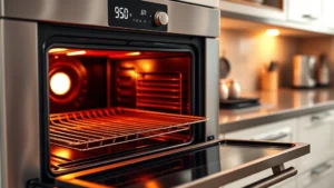 Modern kitchen with stainless steel oven door slightly open, glowing interior heat visible, digital temperature display showing 350 degrees Fahrenheit, warm lighting reflecting off oven surface
