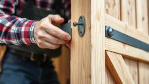 Close-up of carpenter assembling wooden door frame with pressure-treated lumber and heavy-duty bolts, showing proper joint construction and fastening techniques for shed doors