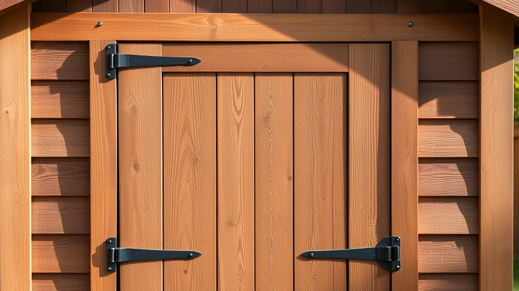 Finished wooden shed door with batten-and-board design installed on rustic garden shed, displaying weathered appearance and functional hinges in natural outdoor lighting