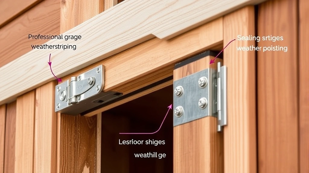 Detailed view of professional-grade exterior hinges and weatherstripping installation on shed door frame, showing proper positioning and sealing techniques for weather protection