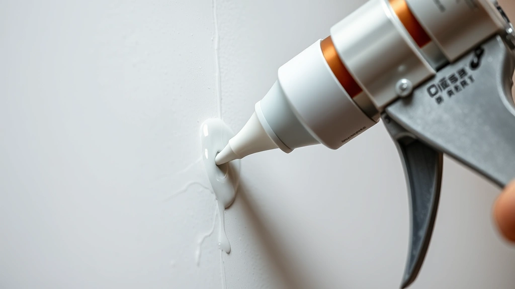 Close-up of wet caulk bead being applied to interior wall gap with caulk gun, smooth continuous line, bright workshop lighting, moisture visible on surface