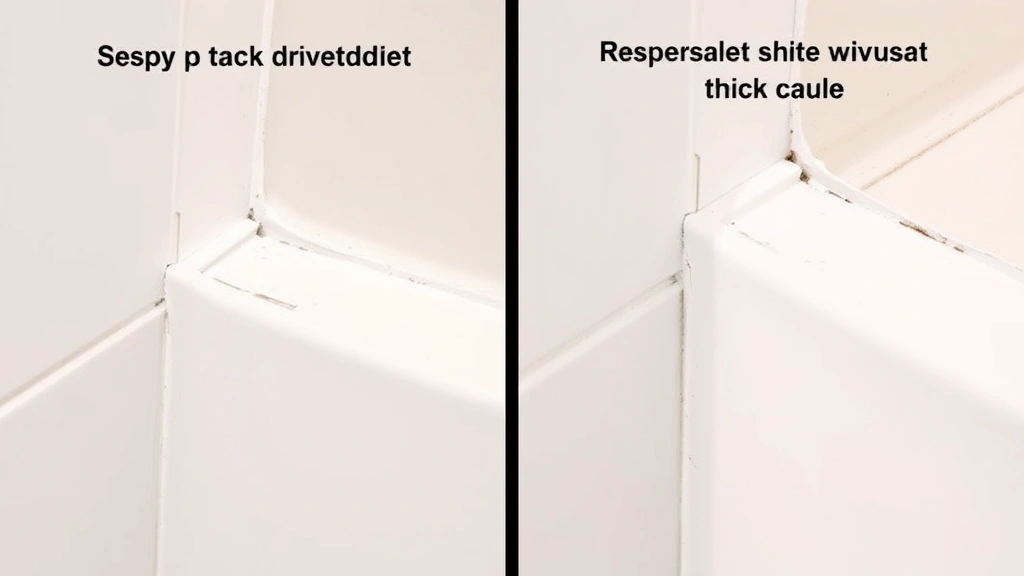 Split-screen comparison showing two caulked bathroom corners: left side shows properly dried white silicone caulk with clean edges, right shows improperly applied thick caulk with visible bubbles and surface defects