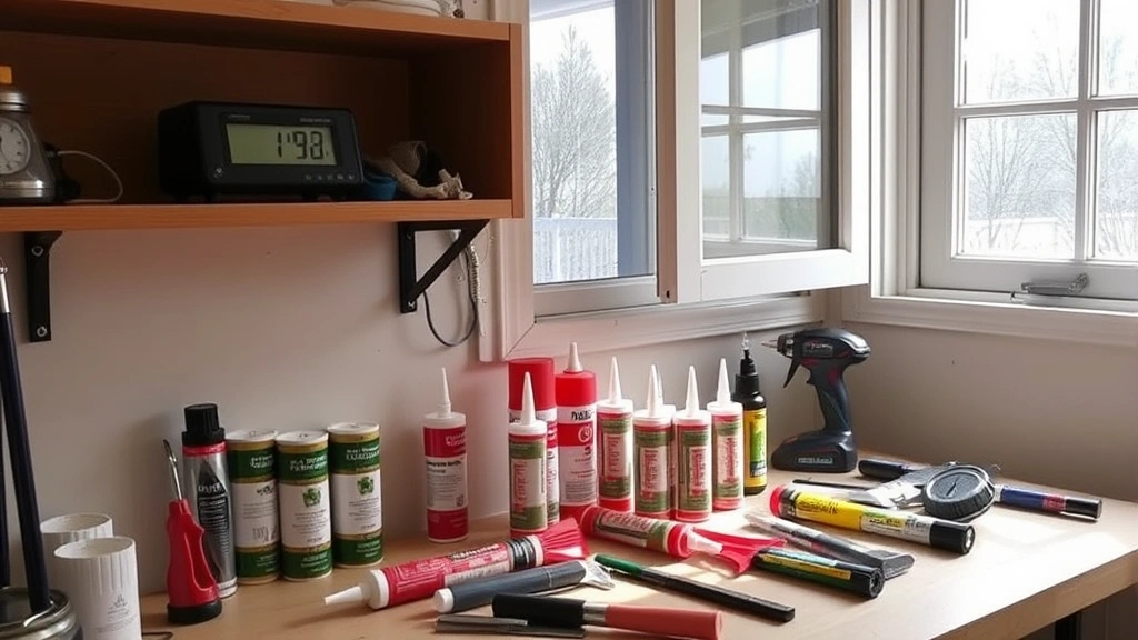 Workspace setup showing digital hygrometer on shelf, open window with natural ventilation, temperature gauge visible, organized caulking supplies including various caulk types and tools arranged on work surface