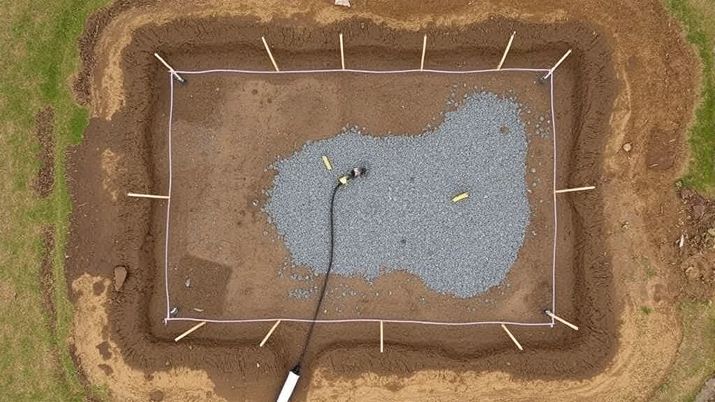 Aerial view of cleared shed construction site with marked foundation footprint using string lines and wooden stakes, showing level ground and gravel preparation area