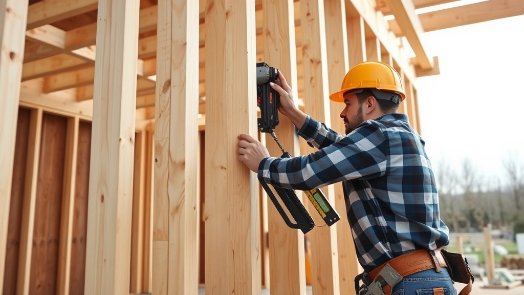 Carpenter assembling wooden wall frame structure with pneumatic nailer, showing proper stud spacing and corner bracing on construction site with level and measuring tools visible