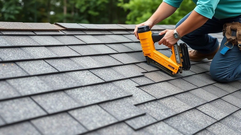 Worker installing asphalt shingles on shed roof, showing proper nailing technique and shingle overlap pattern with roofing nailer and completed courses visible
