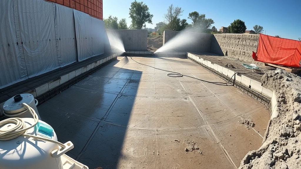 Wide-angle photograph of a concrete foundation slab in early curing stage with plastic sheeting covering and water misting equipment visible, daytime outdoor construction site, realistic lighting