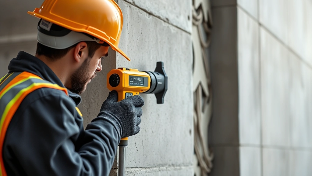 Construction worker measuring concrete strength with Schmidt rebound hammer device on vertical concrete wall, showing testing procedure in progress, realistic construction environment