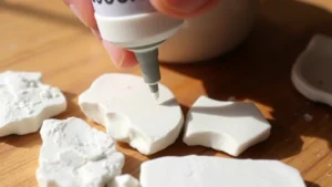 Close-up of E6000 adhesive being applied to ceramic pieces with precision, showing thin bead application technique on white pottery fragments, natural lighting highlighting the adhesive bead, wooden workbench surface visible