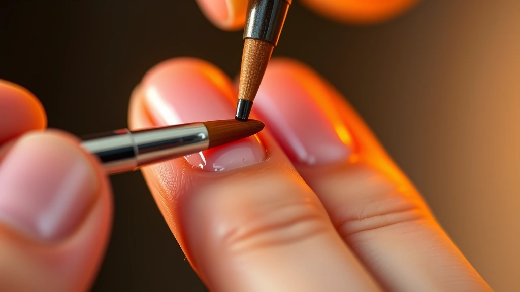 Close-up of someone applying thin, even coats of nail polish to fingernails with a brush, showing proper technique and control, warm studio lighting highlighting the nail surface and brush movement
