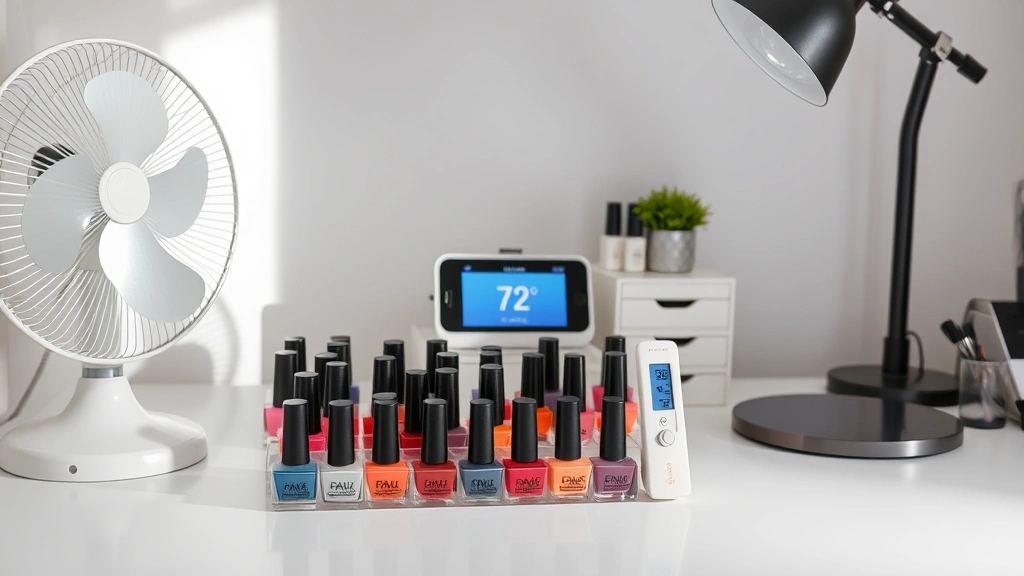 A modern manicure station setup with organized nail polish bottles, a small desk fan, thermometer showing 72°F, and properly lit workspace with natural and artificial light sources