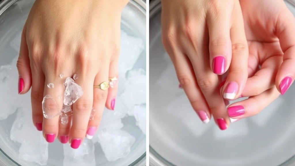 Side-by-side comparison showing hands submerged in ice water with freshly painted nails, demonstrating the ice water drying method with visible water droplets and manicure results