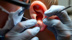 Professional piercer inserting titanium jewelry into fresh ear piercing with sterile technique, using proper lighting and magnification, showing careful needle placement and jewelry insertion process