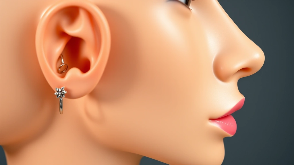Close-up of various body piercing locations on mannequin or anatomical model showing earlobe, cartilage, nostril, and lip piercings with different jewelry types and gauges displayed