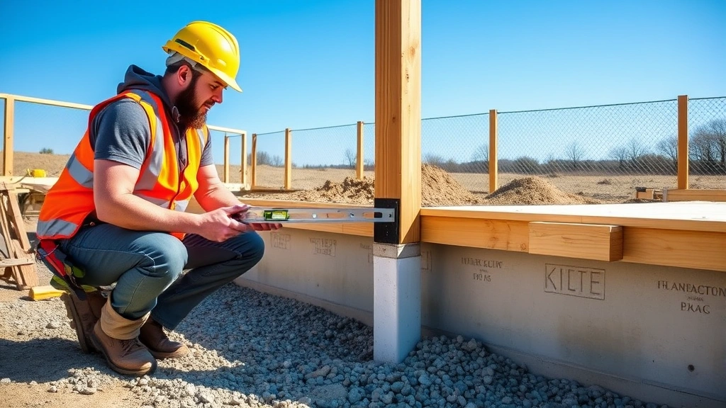 Professional deck builder using level to check post alignment on concrete foundation, wearing safety gear, bright daylight showing completed post holes with gravel base and concrete