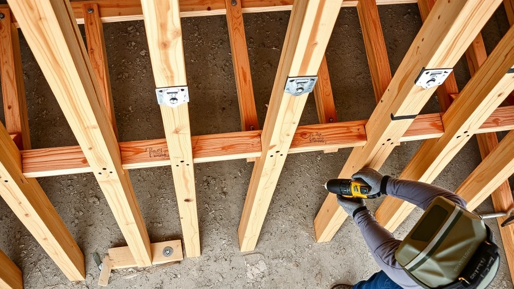 Overhead view of pressure-treated lumber joists being installed perpendicular to main beams with galvanized joist hangers visible, carpenter using power drill to secure connections