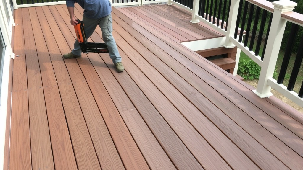 Finished composite deck boards being installed with visible spacing between planks, worker using pneumatic nail gun, multiple deck levels visible with completed railing system