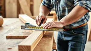 Professional carpenter measuring and marking treated lumber on a workbench with framing square and tape measure, natural workshop lighting, showing precision measurement technique