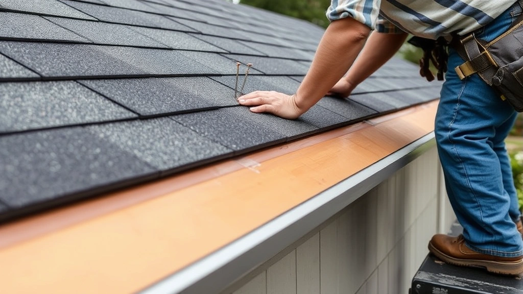 Worker installing asphalt shingles on shed roof with proper overlap, showing roofing nail placement and underlayment, demonstrating standard roofing technique