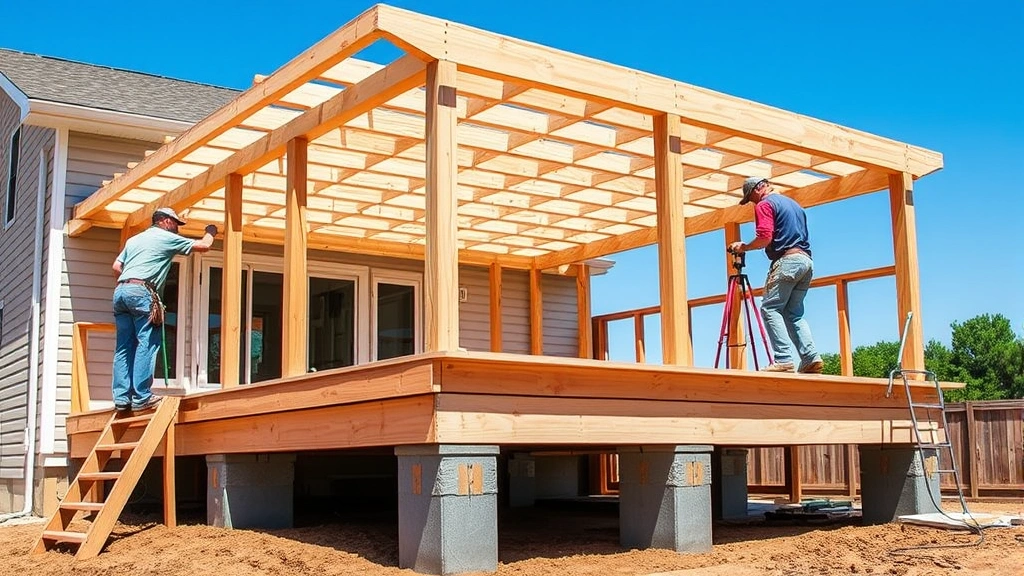 Professional deck construction showing freshly installed pressure-treated lumber framing, multiple posts on concrete footings, and workers using levels and measuring tools in bright daylight