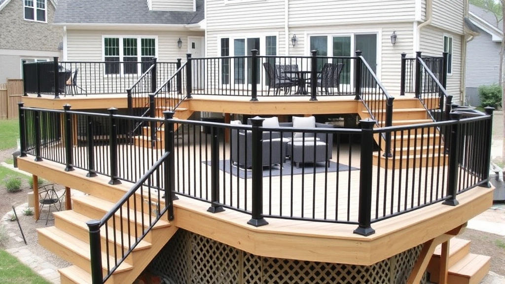 Completed multi-level residential deck with composite decking boards, sturdy black metal railings with balusters, wooden stairs, and outdoor furniture arranged for entertaining