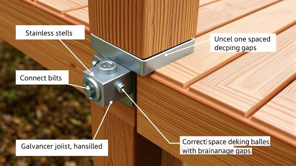 Close-up of deck fastening details showing stainless steel bolts connecting beam to post, galvanized joist hangers properly installed, and correctly spaced decking boards with drainage gaps