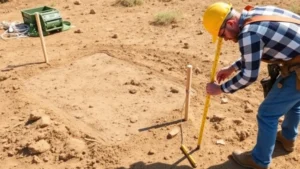 A contractor in safety gear measuring and marking a cleared dirt lot with stakes and string lines for a shed foundation, bright daylight, level ground with removed vegetation