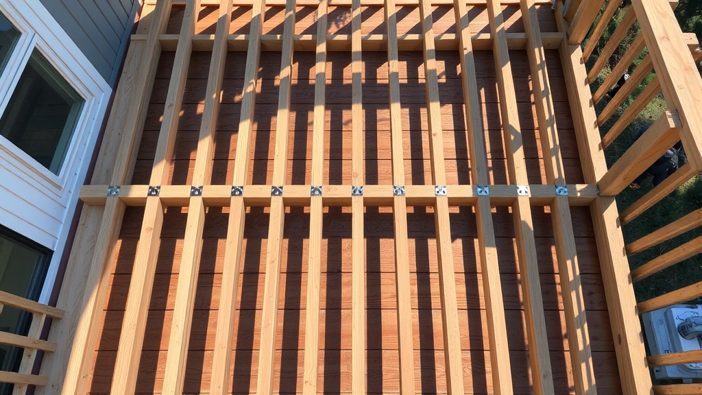 Overhead view of a residential deck under construction showing completed joist framing with metal joist hangers connecting pressure-treated lumber to the main beam, morning sunlight casting shadows across the structure, no people visible