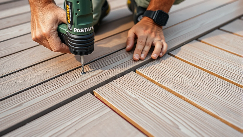 Close-up of worker installing composite decking boards with consistent spacing, using a power drill to secure fasteners, showing proper gap spacing between boards for drainage, detailed focus on installation technique