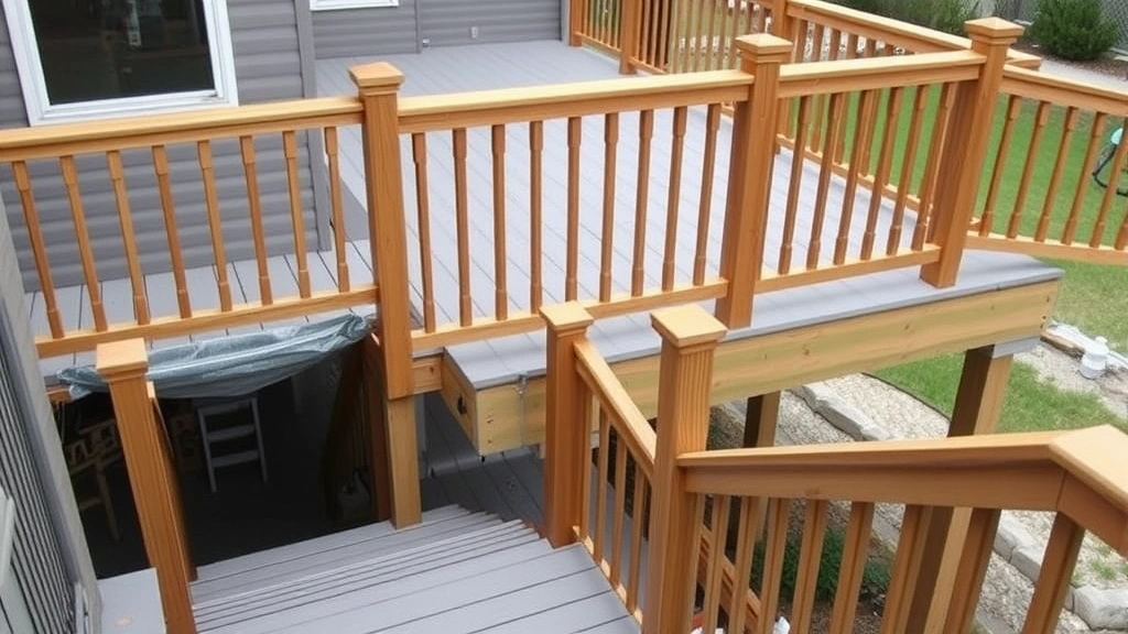 Completed elevated deck with wooden railings and balusters, showing proper 4-inch baluster spacing, finished composite decking surface, stairs with handrails descending to ground level, landscaping visible in background