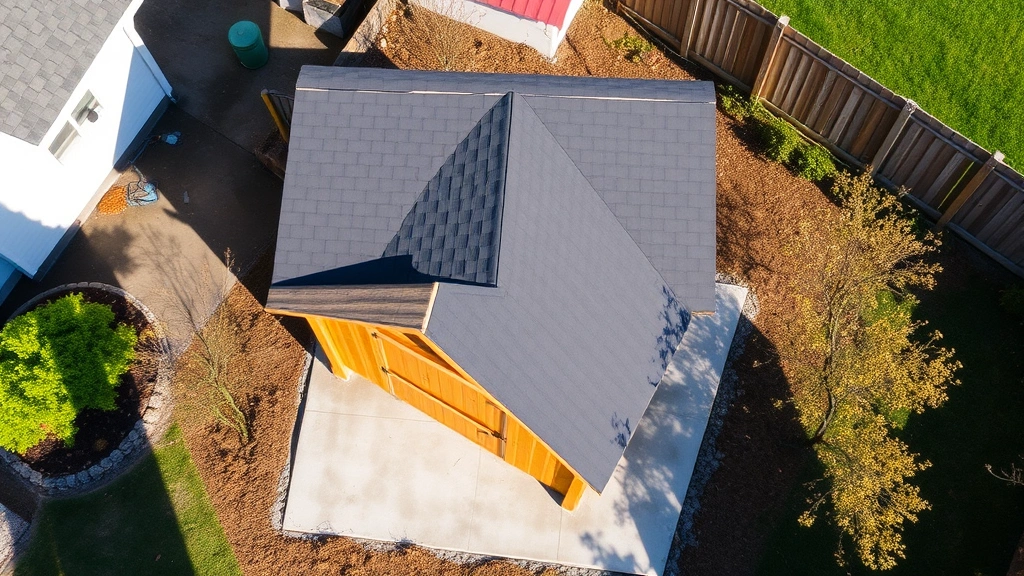 Aerial view of completed wooden shed with gable roof and dark shingles in residential backyard, surrounded by landscaping and concrete foundation visible underneath, afternoon sunlight casting shadows